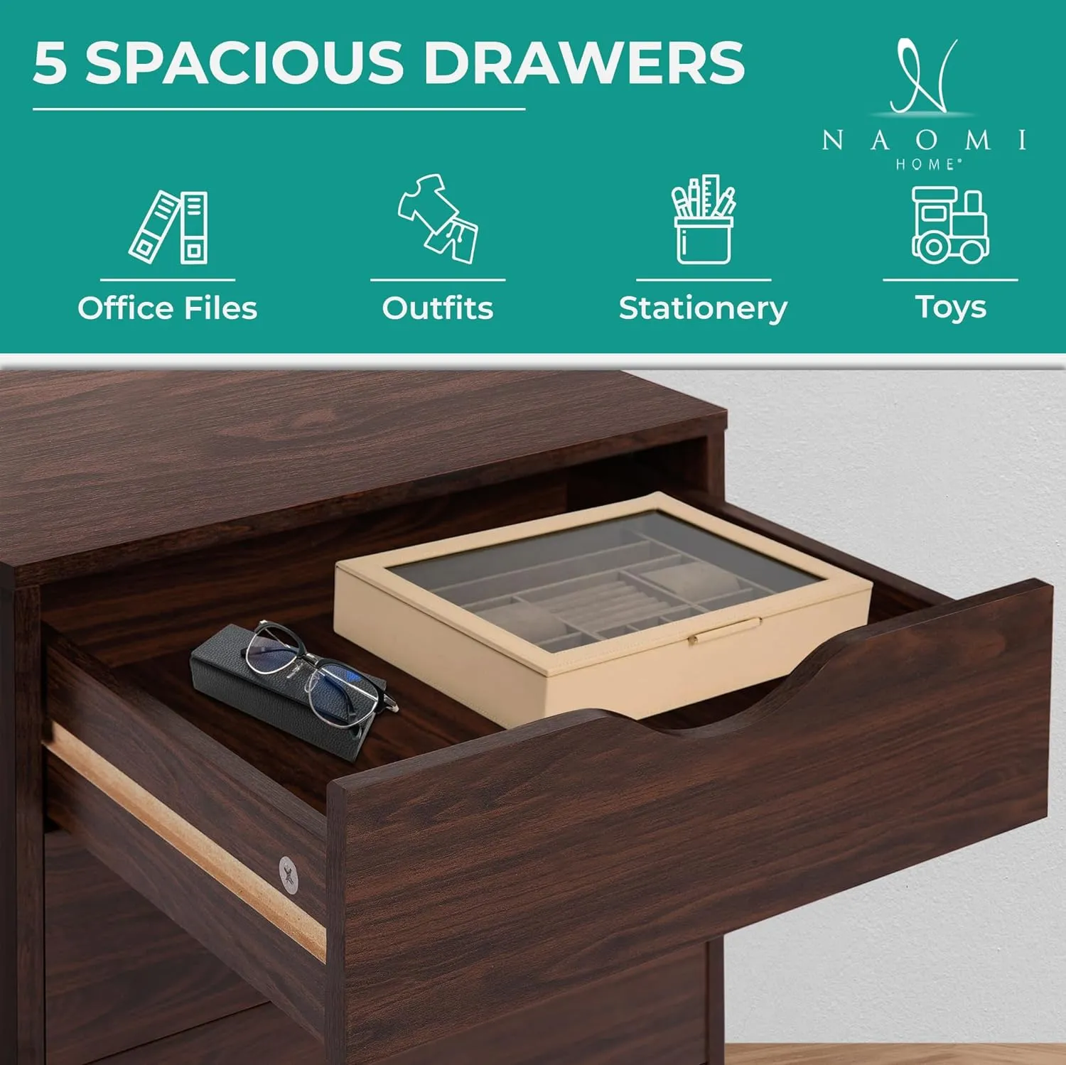 Naomi Home Taylor 5 Drawer Chest, Wood Storage Dresser Cabinet with Wheels, Craft Storage Organization, Makeup Drawer Unit for Closet, Bedroom, Office File Cabinet 180 lbs Total Capacity - Espresso