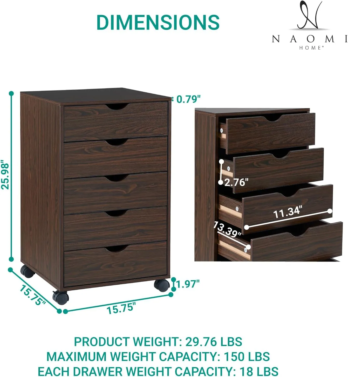 Naomi Home Taylor 5 Drawer Chest, Wood Storage Dresser Cabinet with Wheels, Craft Storage Organization, Makeup Drawer Unit for Closet, Bedroom, Office File Cabinet 180 lbs Total Capacity - Espresso