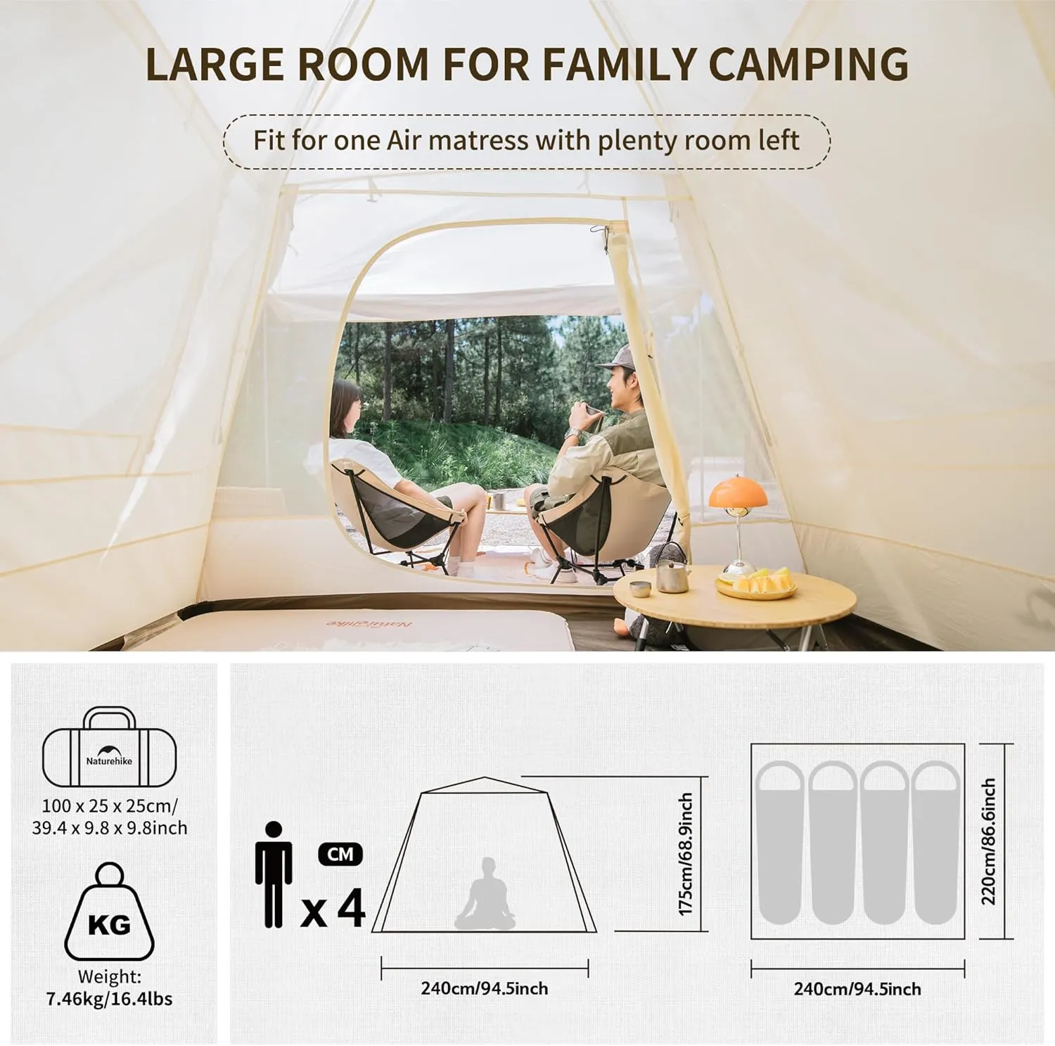 Naturehike Ango Camping Tent,3 Person 4 Person Instant Cabin Tent,Easy Setup Pop up Tents for Camping,3-4 People Family Camp Tent