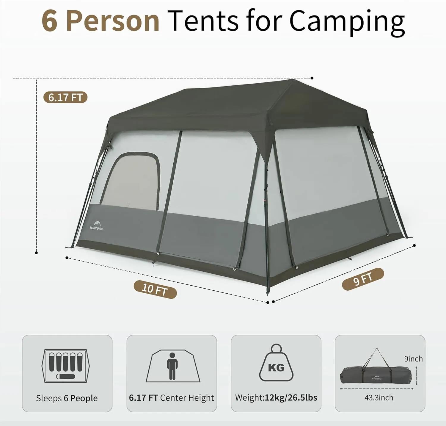 Naturehike Cape 4/6/8 Person Camping Tent, 60S Easy Setup Instant Tent Pop up Tent, Waterproof Large Tall 6/8 Person Tents for Camping, Car Camping