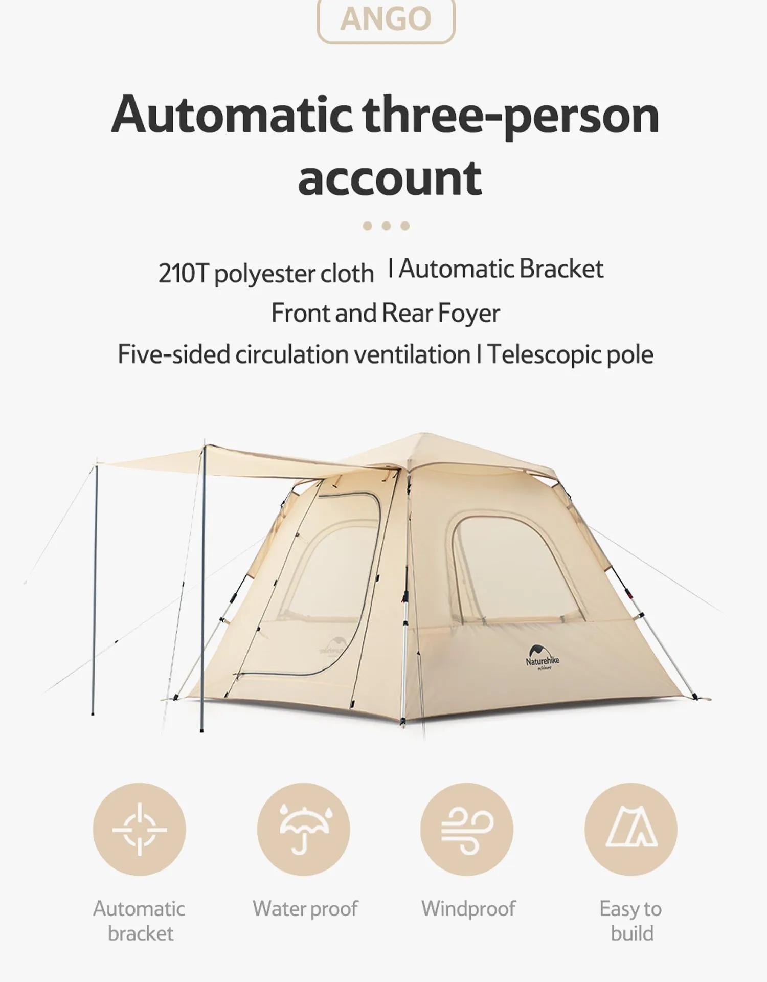 Naturehike UPF 50  Ango Pop Up Tent For 3 Man NH21ZP010