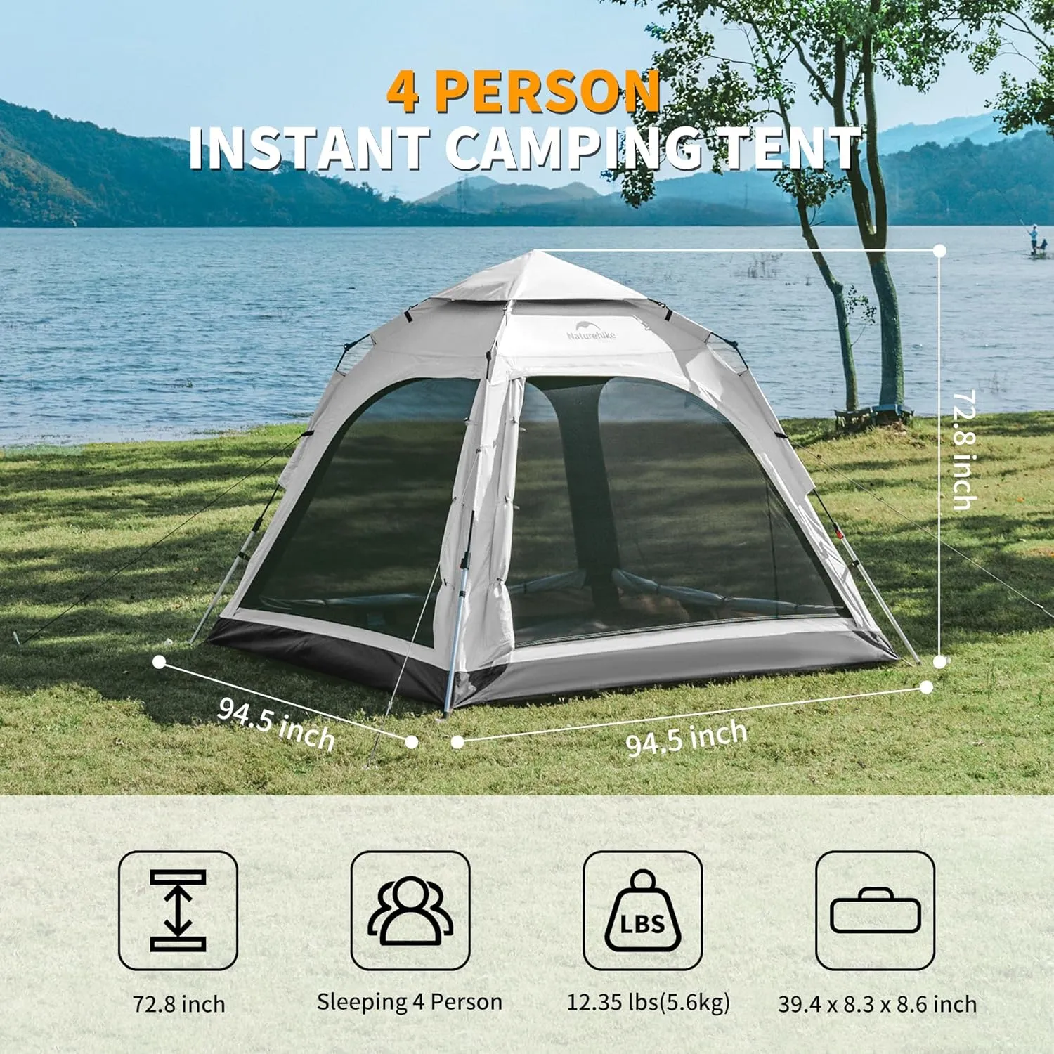 Naturehike Upgraded Ango 3-4 Person Blackout Tent,Instant Pop up Tents for Camping, Waterproof Anti-UV Camping Tent