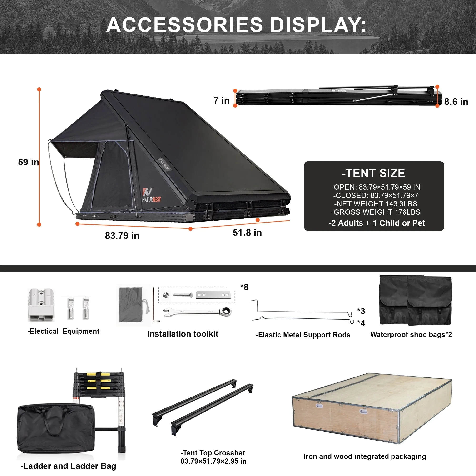 Naturnest Pop-Up Hard Shell Rooftop Tent for 2 Person Camping Waterproof UV-Resistant