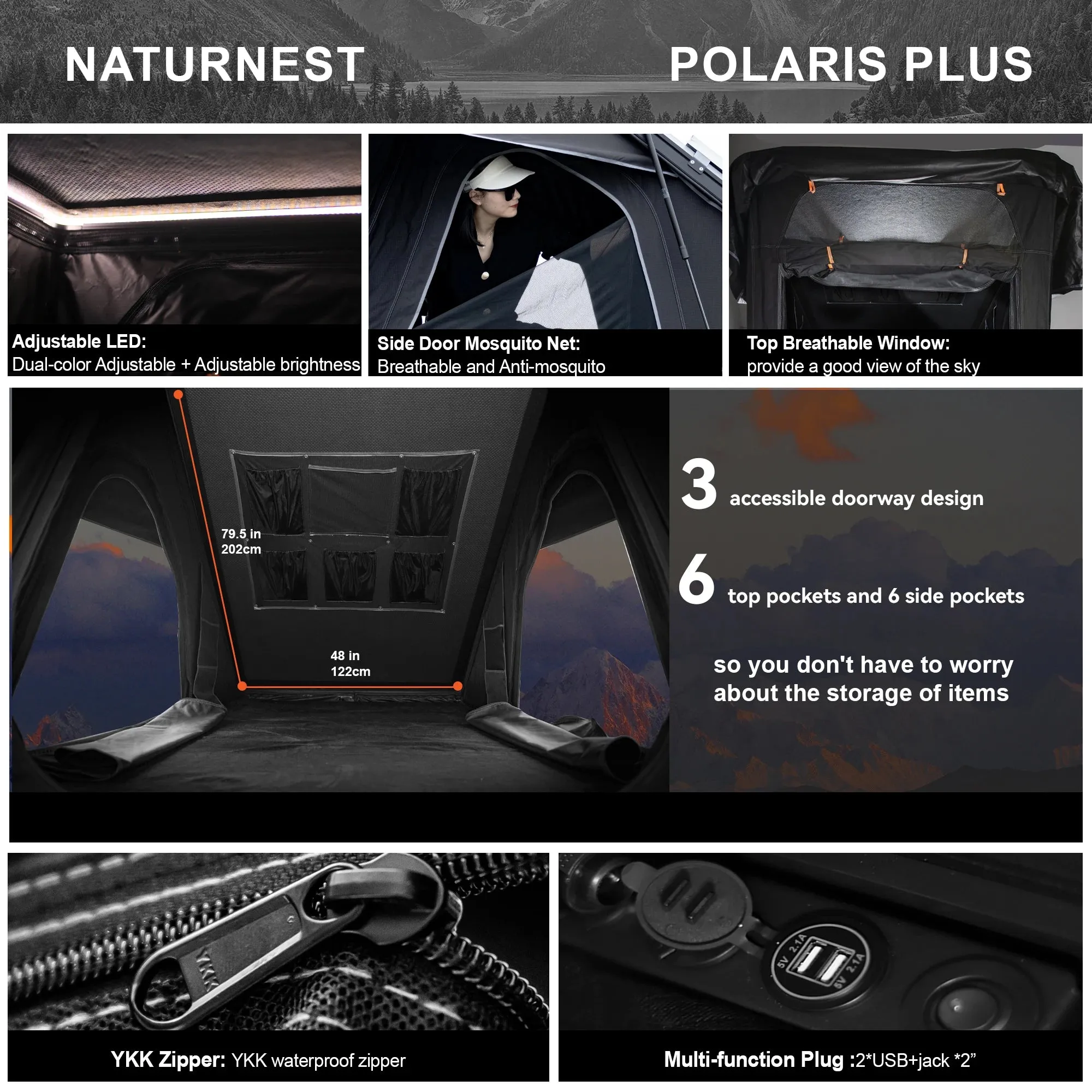Naturnest Pop-Up Hard Shell Rooftop Tent for 2 Person Camping Waterproof UV-Resistant