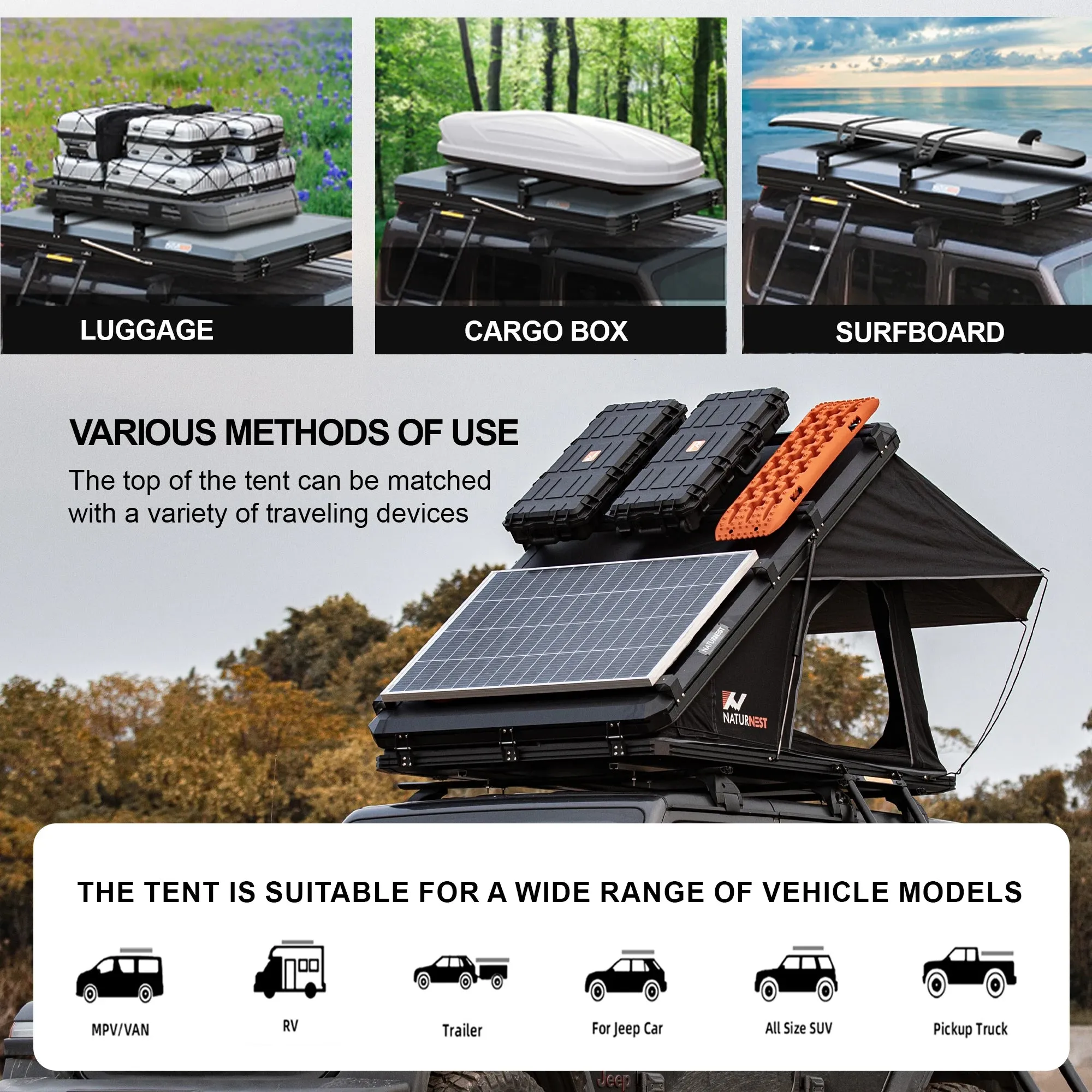 Naturnest Pop-Up Hard Shell Rooftop Tent for 2 Person Camping Waterproof UV-Resistant