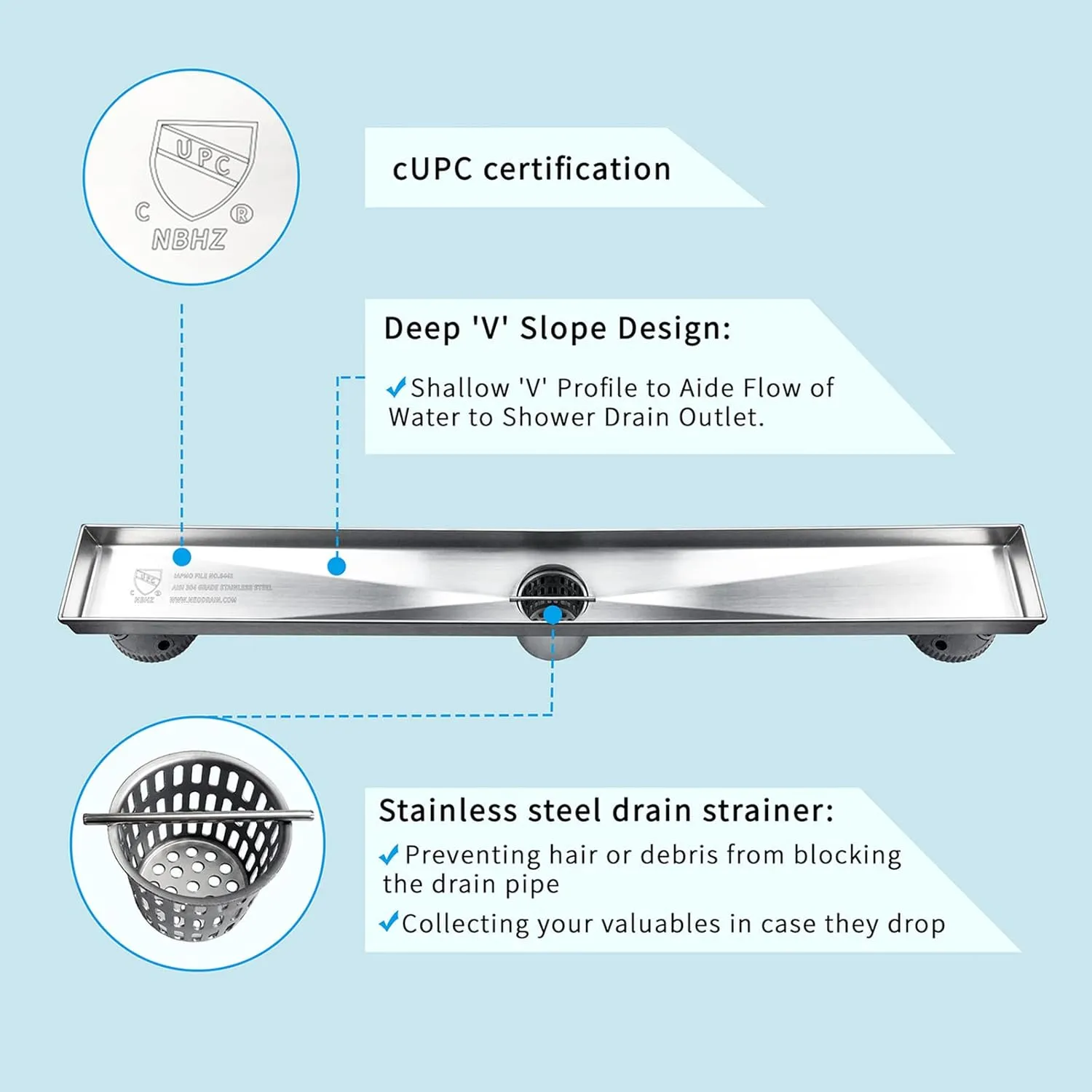 Neodrain 18-Inch Linear Shower Drain with Tile Insert Grate,Brushed 304 Stainless Steel Rectangle Shower Floor Drain, Floor Shower Drain