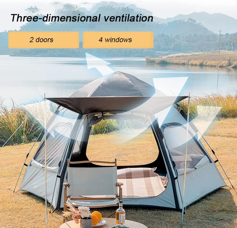 NIEH 3-4 Person Waterproof Pop Up Tent with Top, 60 Seconds Set Up Family Camping Tent Double Layer for Hiking Hunting - 2 Door and 4 Windows