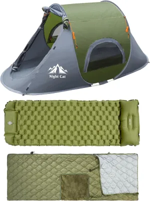 Night Cat Pop-up Camping Tent 1 Person with Wearable Sleeping Bags and Inflatable Sleeping Pads