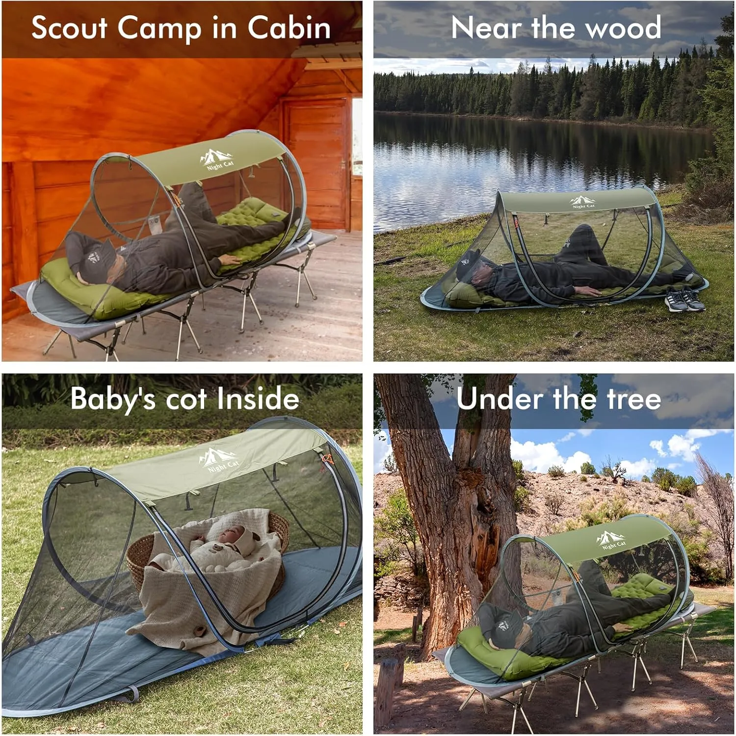 Night Cat Pop-up Mosquito Tent: 1 Person Camping Tent with Bug Screen Net Adults Kids Fits with Camping Cot (Exclueded)
