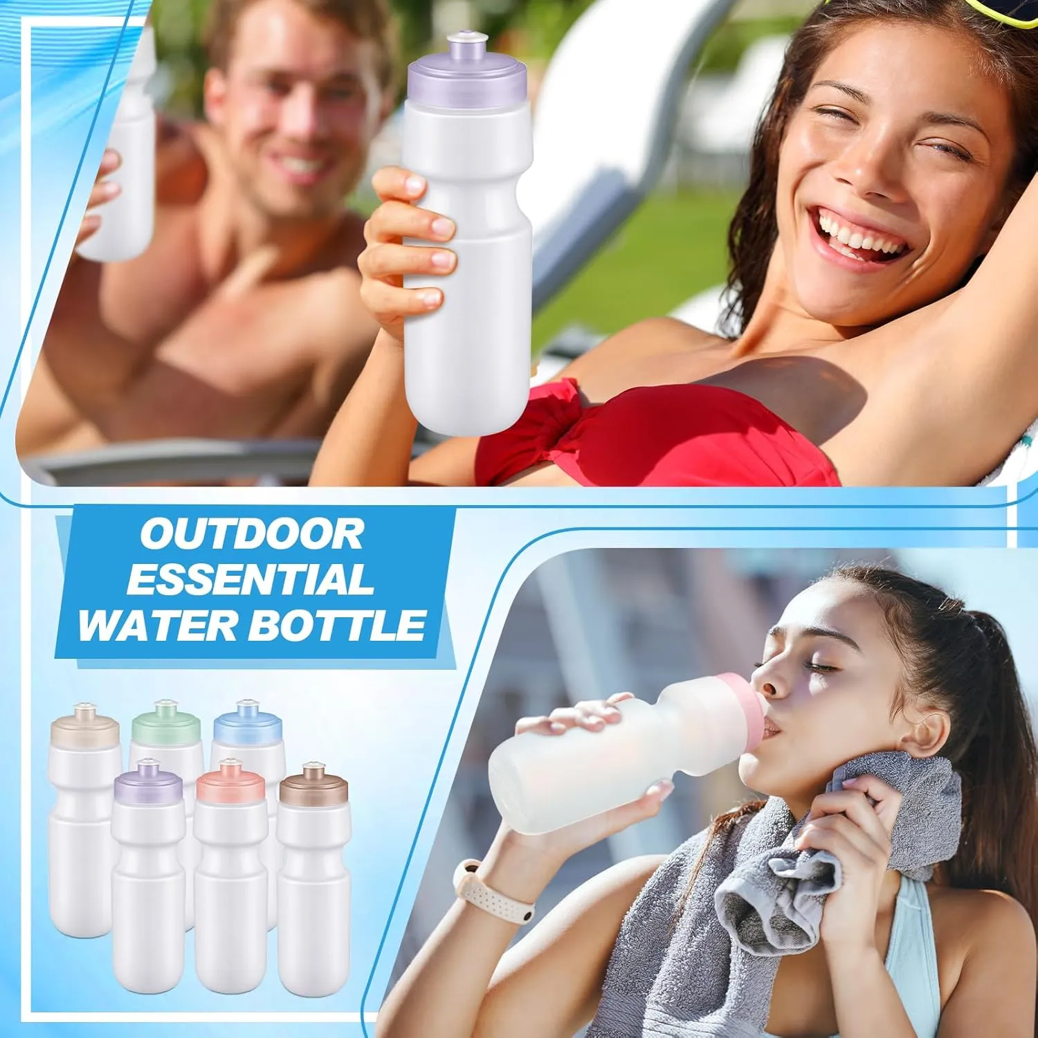 Nitial 24 Pcs Sports Water Bottles Bulk 22 oz Squeeze Reusable Sports Water Bottles Blank Plastic Water Bottles with Pull Top Cap for Adults Sports Fitness Bike, Dishwasher Safe