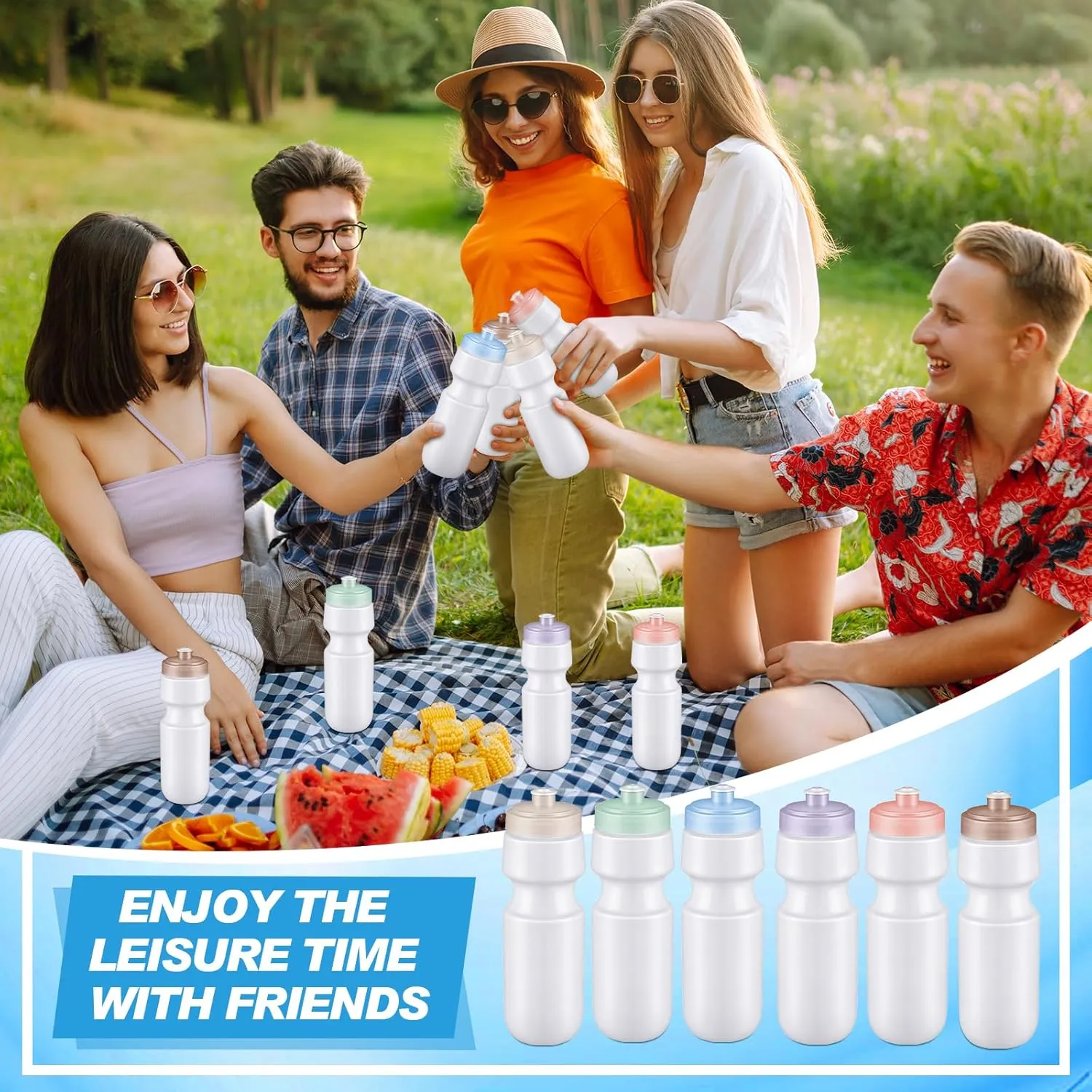 Nitial 24 Pcs Sports Water Bottles Bulk 22 oz Squeeze Reusable Sports Water Bottles Blank Plastic Water Bottles with Pull Top Cap for Adults Sports Fitness Bike, Dishwasher Safe