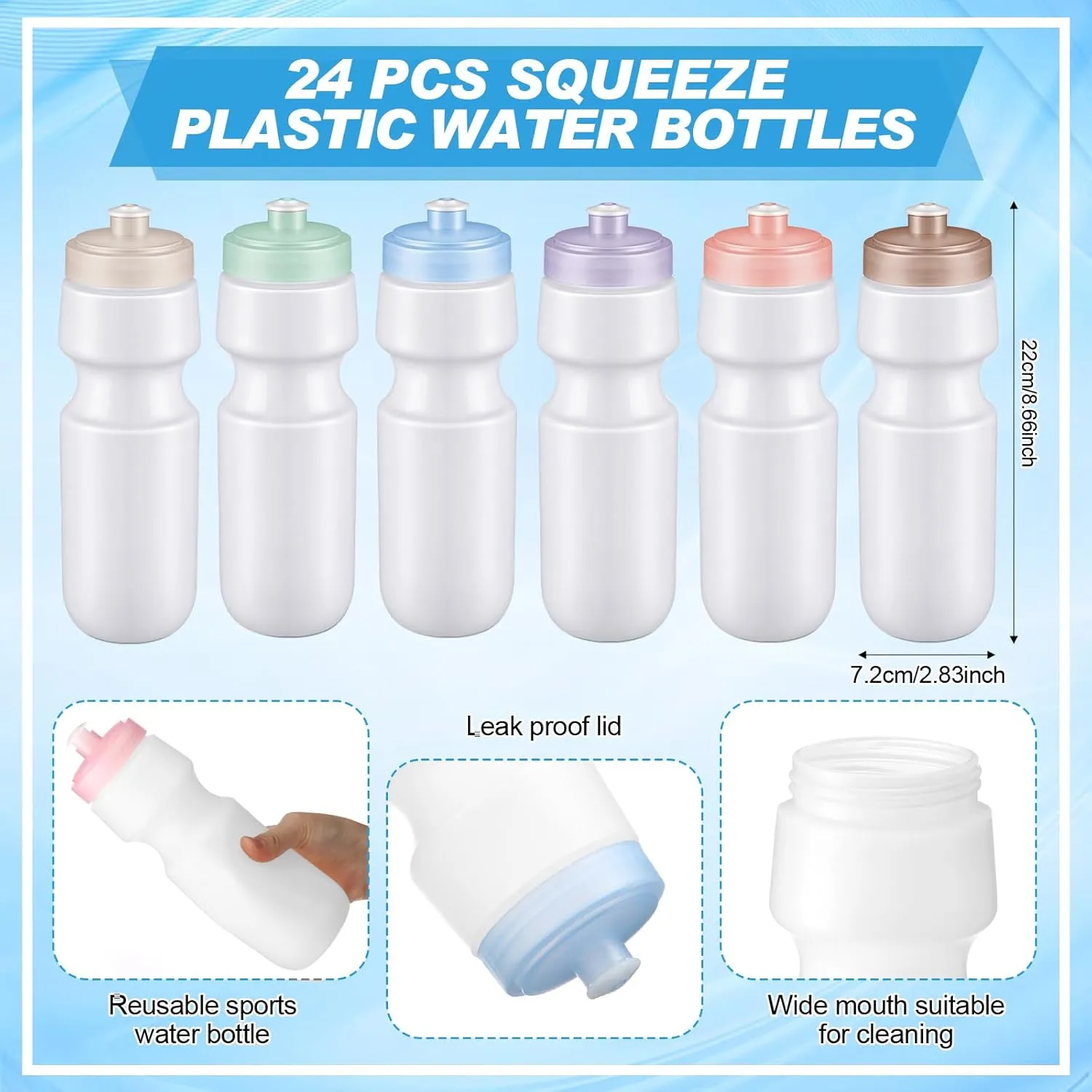 Nitial 24 Pcs Sports Water Bottles Bulk 22 oz Squeeze Reusable Sports Water Bottles Blank Plastic Water Bottles with Pull Top Cap for Adults Sports Fitness Bike, Dishwasher Safe