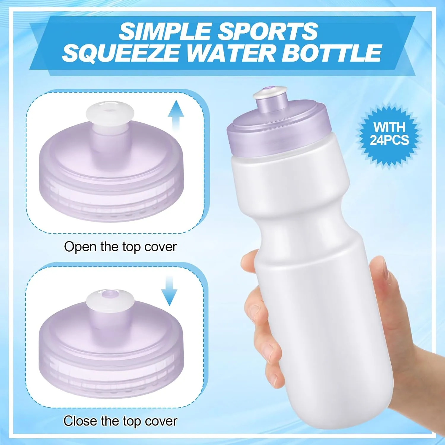 Nitial 24 Pcs Sports Water Bottles Bulk 22 oz Squeeze Reusable Sports Water Bottles Blank Plastic Water Bottles with Pull Top Cap for Adults Sports Fitness Bike, Dishwasher Safe