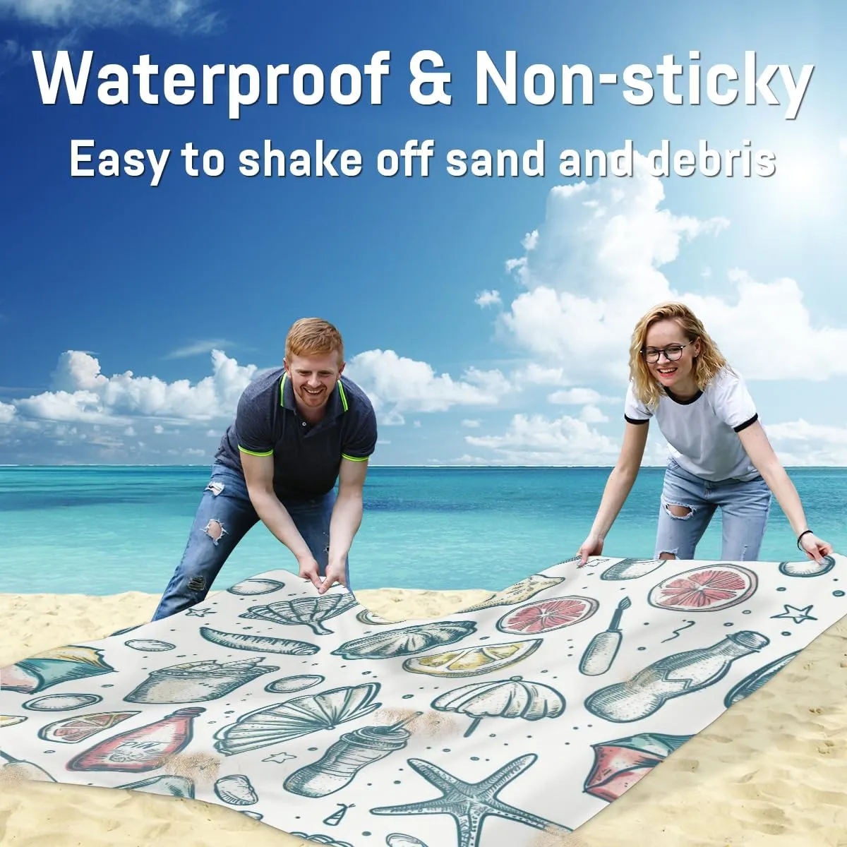 Ocean Themed Beach Blanket, Sandproof Beach Mat, Adults Waterproof Quick Drying Sand Free Mat with 4 x Ground Spikes for Outdoor Travel Camping Hiking, Summer Beach Themed