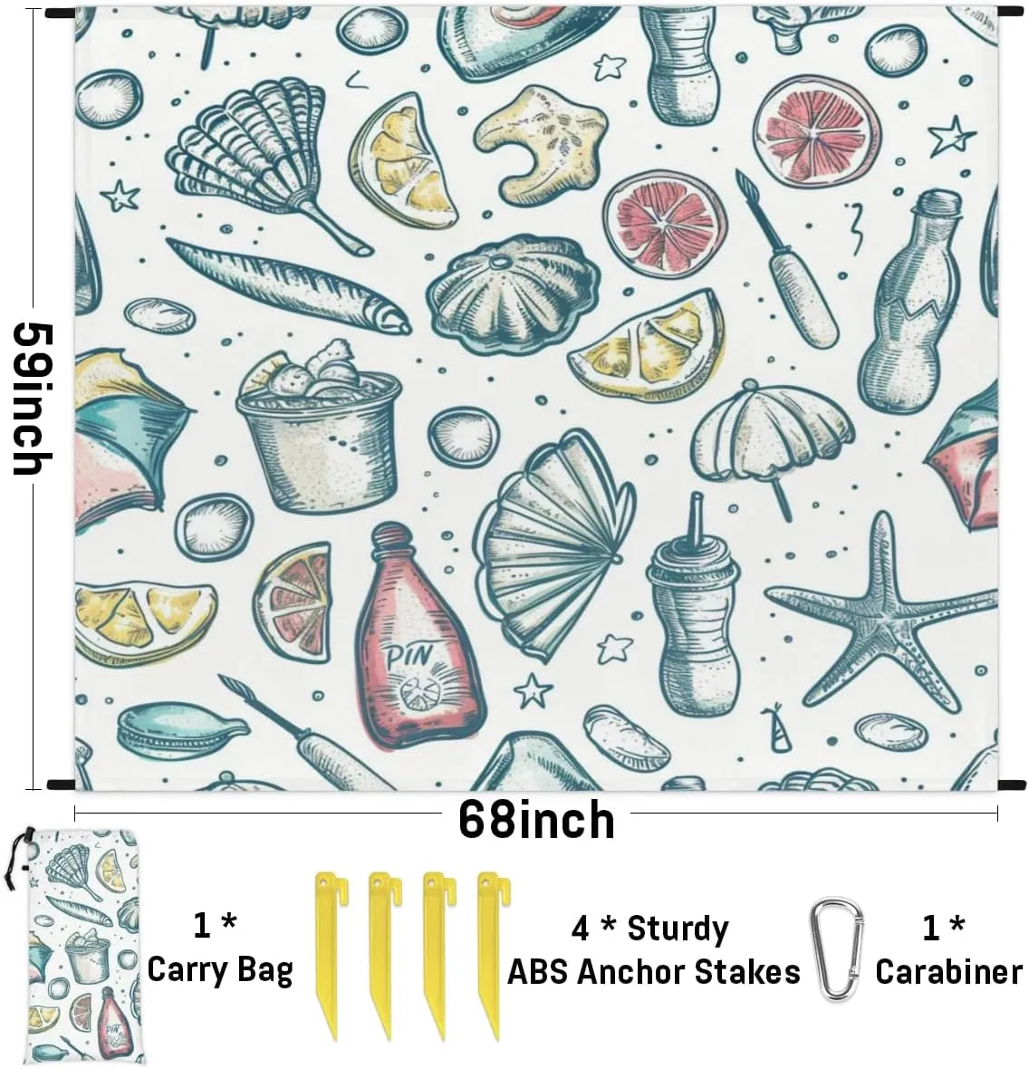 Ocean Themed Beach Blanket, Sandproof Beach Mat, Adults Waterproof Quick Drying Sand Free Mat with 4 x Ground Spikes for Outdoor Travel Camping Hiking, Summer Beach Themed
