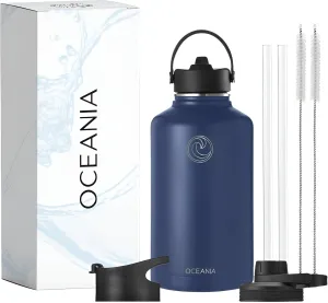 Oceania Flask 64oz Stainless Steel Water Bottles | Modern, Leakproof, Hydro BPA-Free, Insulated Water Bottle with 3 Lids, 3 Straws & 2 Straw Cleaning Brushes | Simple Camping & Hiking Water Bottles