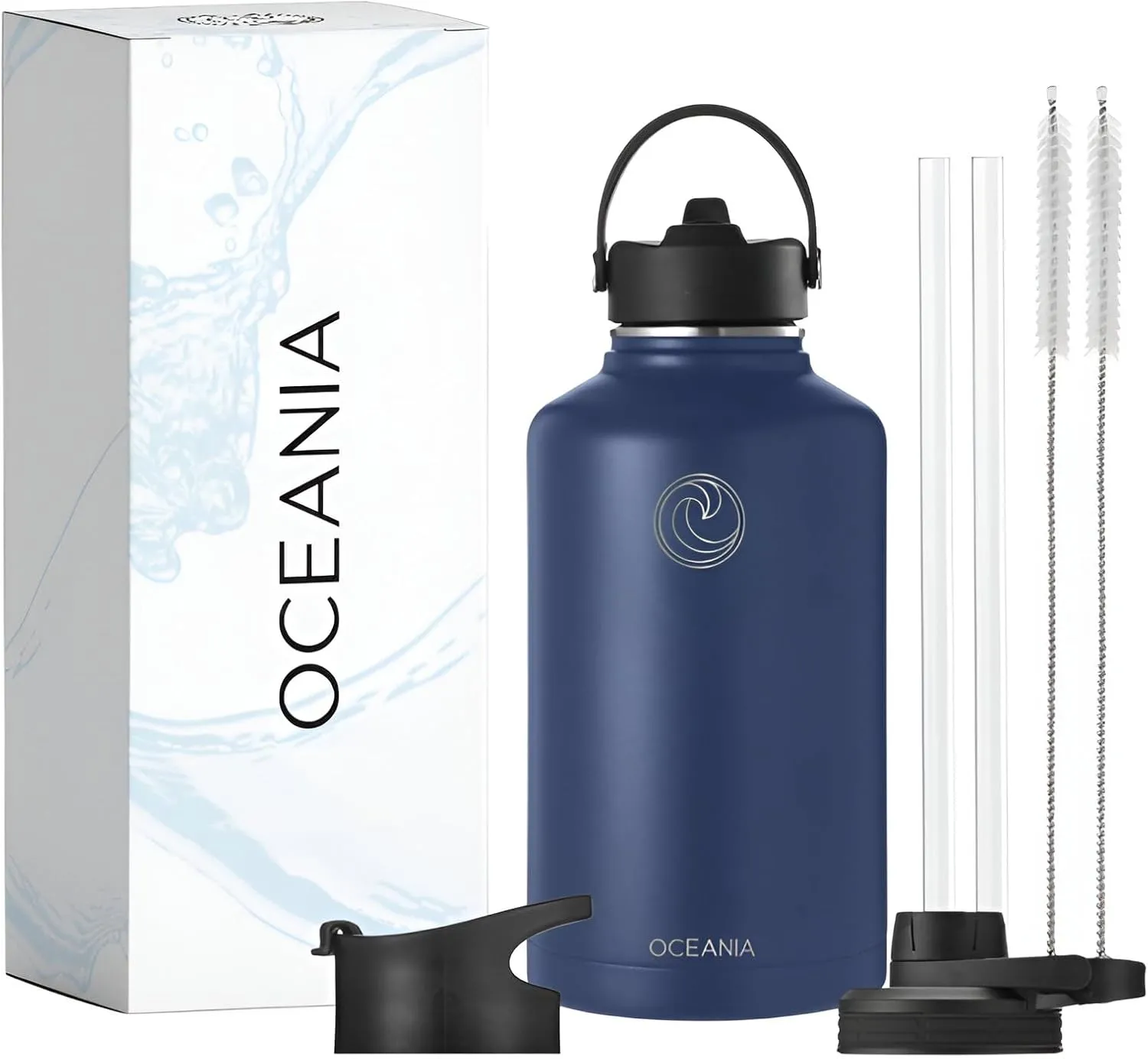 Oceania Flask 64oz Stainless Steel Water Bottles | Modern, Leakproof, Hydro BPA-Free, Insulated Water Bottle with 3 Lids, 3 Straws & 2 Straw Cleaning Brushes | Simple Camping & Hiking Water Bottles