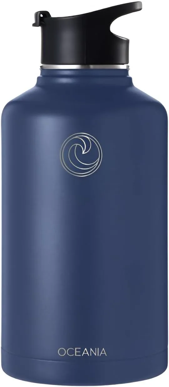 Oceania Flask 64oz Stainless Steel Water Bottles | Modern, Leakproof, Hydro BPA-Free, Insulated Water Bottle with 3 Lids, 3 Straws & 2 Straw Cleaning Brushes | Simple Camping & Hiking Water Bottles