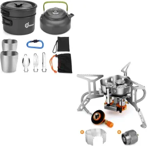 Odoland Bundle - 2 Items 10pcs Camping Cookware Mess Kit and 6800W Windproof Camp Stove