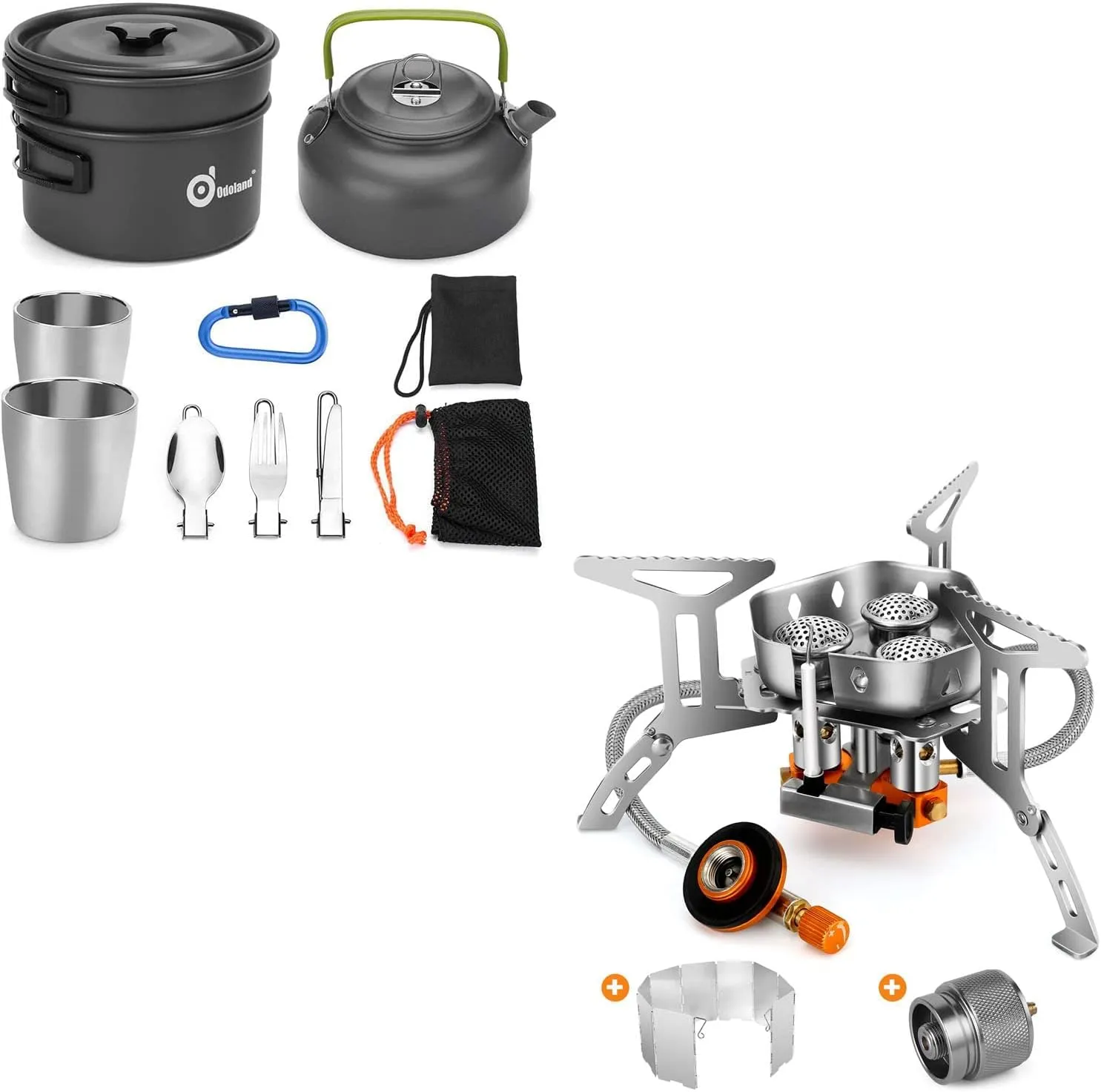 Odoland Bundle - 2 Items 10pcs Camping Cookware Mess Kit and 6800W Windproof Camp Stove