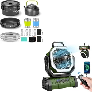 Odoland Bundle - 2 Items 15pcs Camping Cookware Mess Kit and Camping Fan with Remote Control