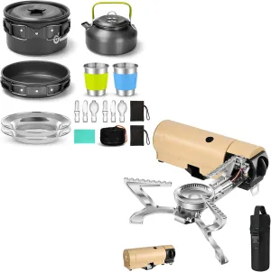 Odoland Bundle - 2 Items 15pcs Camping Cookware Mess Kit Non-Stick Lightweight Pot Pan Kettle Set and 1400W Portable Camping Stove