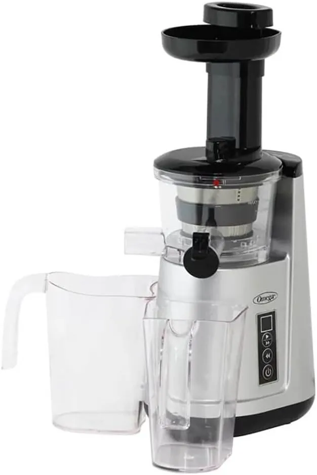 Omega Juicer Cold Press 365 Vertical 65 RPM Slow Masticating Compact Extractor for Fruits and Vegetables with 3 Stage Auger & BPA-Free Container, 150-Watts, Silver