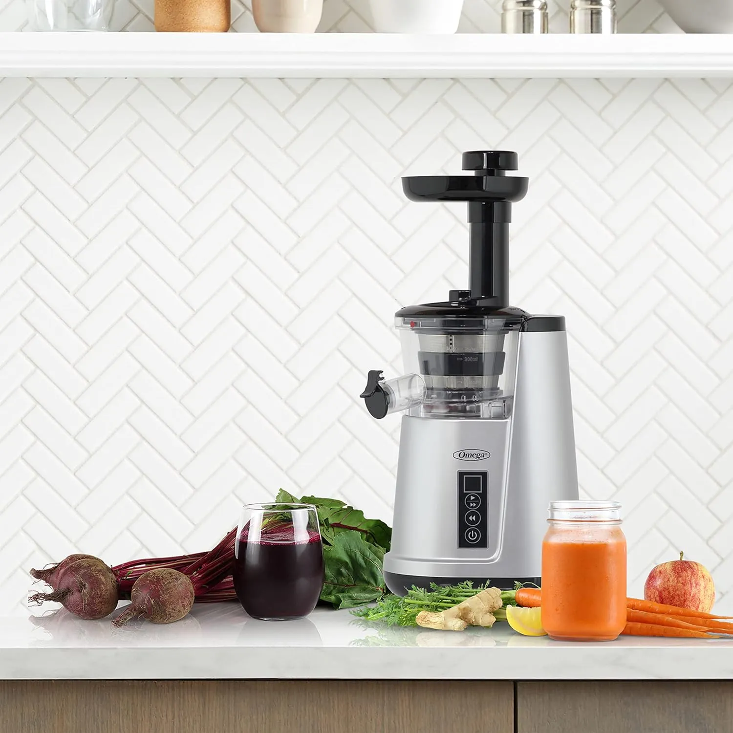 Omega Juicer Cold Press 365 Vertical 65 RPM Slow Masticating Compact Extractor for Fruits and Vegetables with 3 Stage Auger & BPA-Free Container, 150-Watts, Silver