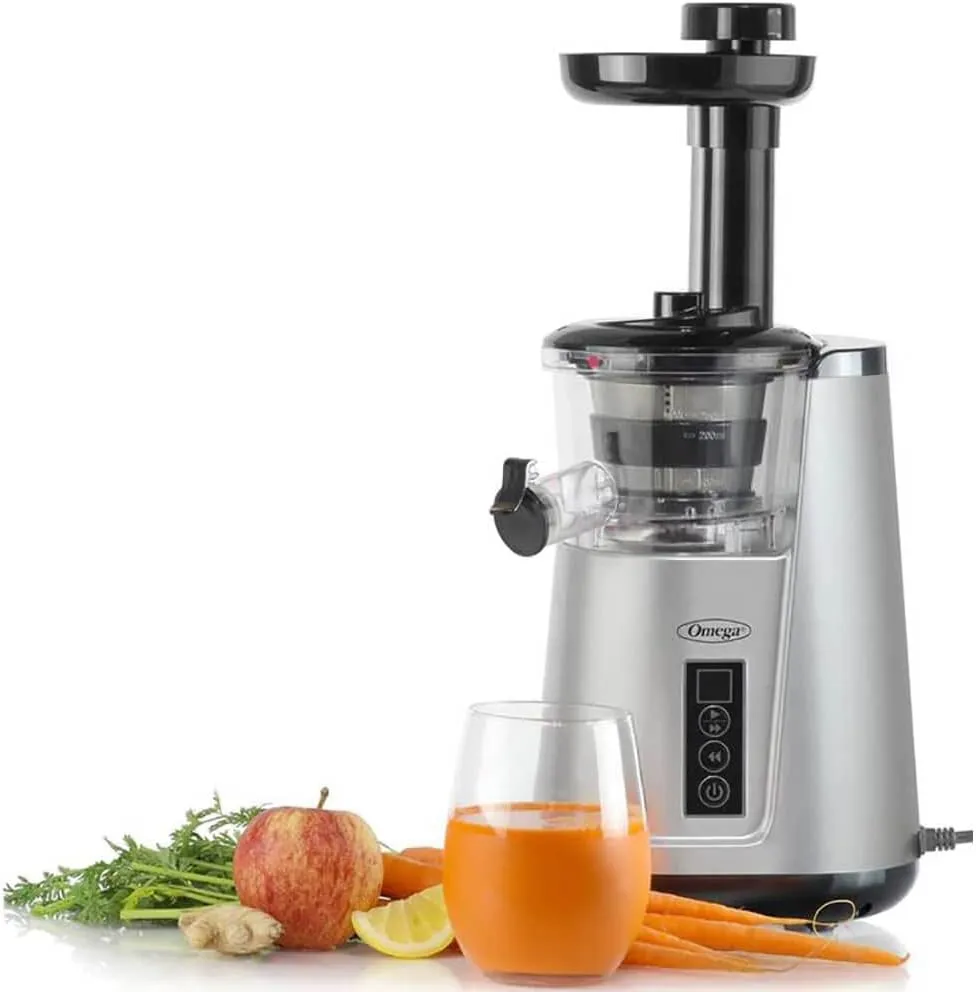 Omega Juicer Cold Press 365 Vertical 65 RPM Slow Masticating Compact Extractor for Fruits and Vegetables with 3 Stage Auger & BPA-Free Container, 150-Watts, Silver