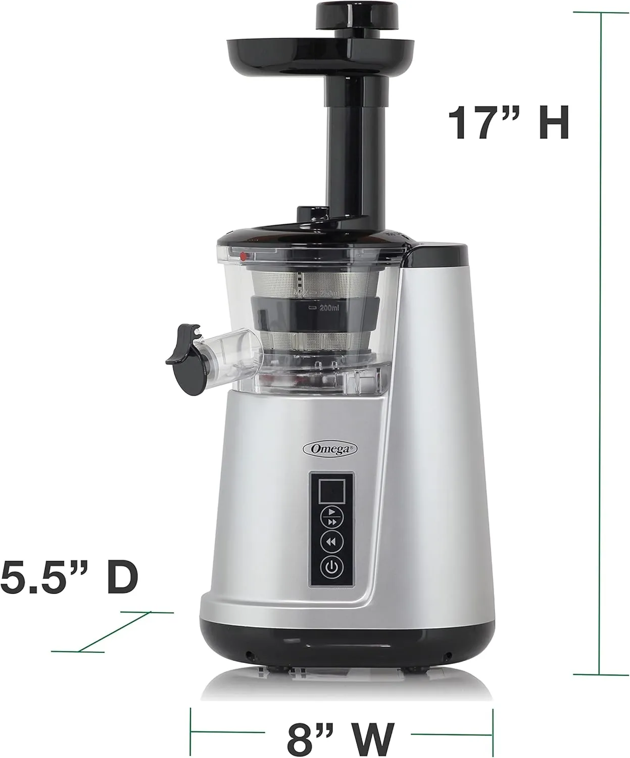 Omega Juicer Cold Press 365 Vertical 65 RPM Slow Masticating Compact Extractor for Fruits and Vegetables with 3 Stage Auger & BPA-Free Container, 150-Watts, Silver