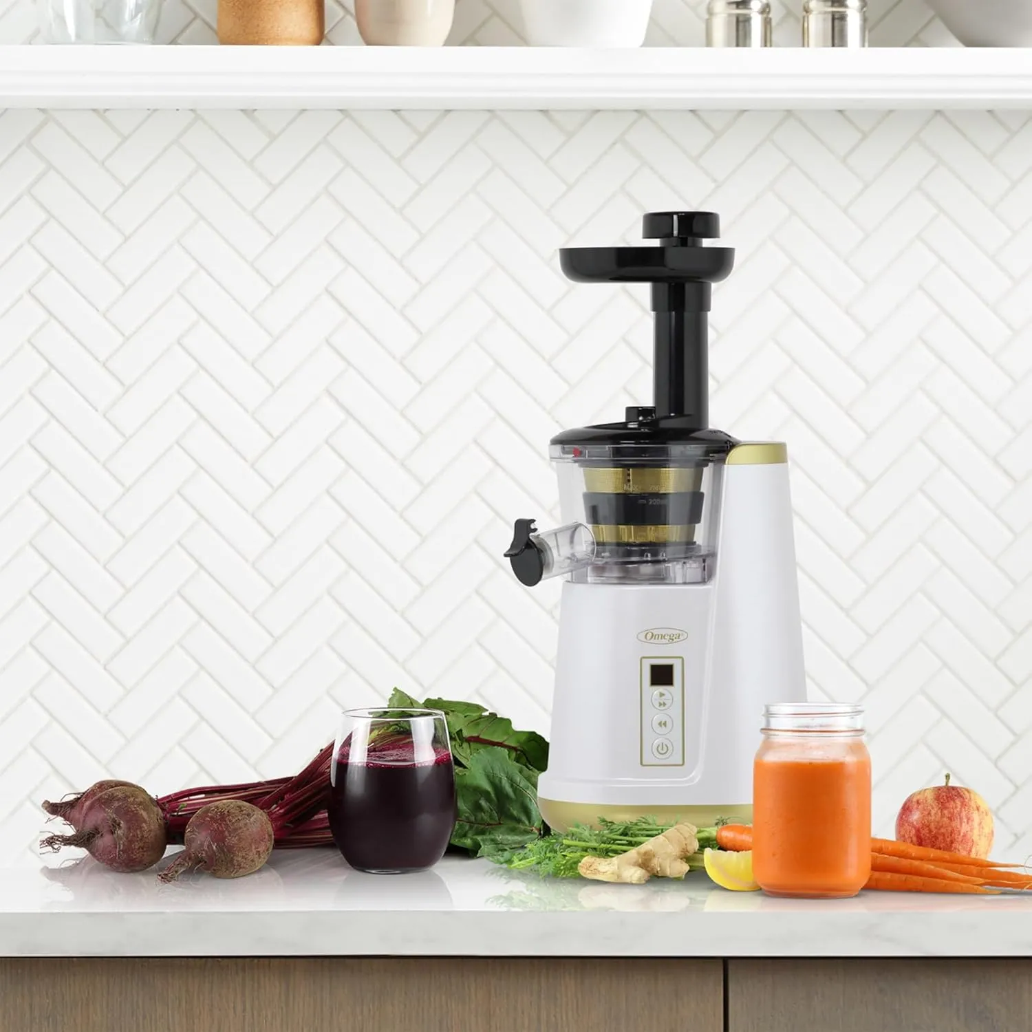 Omega Juicer Cold Press 365 Vertical 65 RPM Slow Masticating Compact Extractor for Fruits and Vegetables with 3 Stage Auger & BPA-Free Container, 150-Watts, White