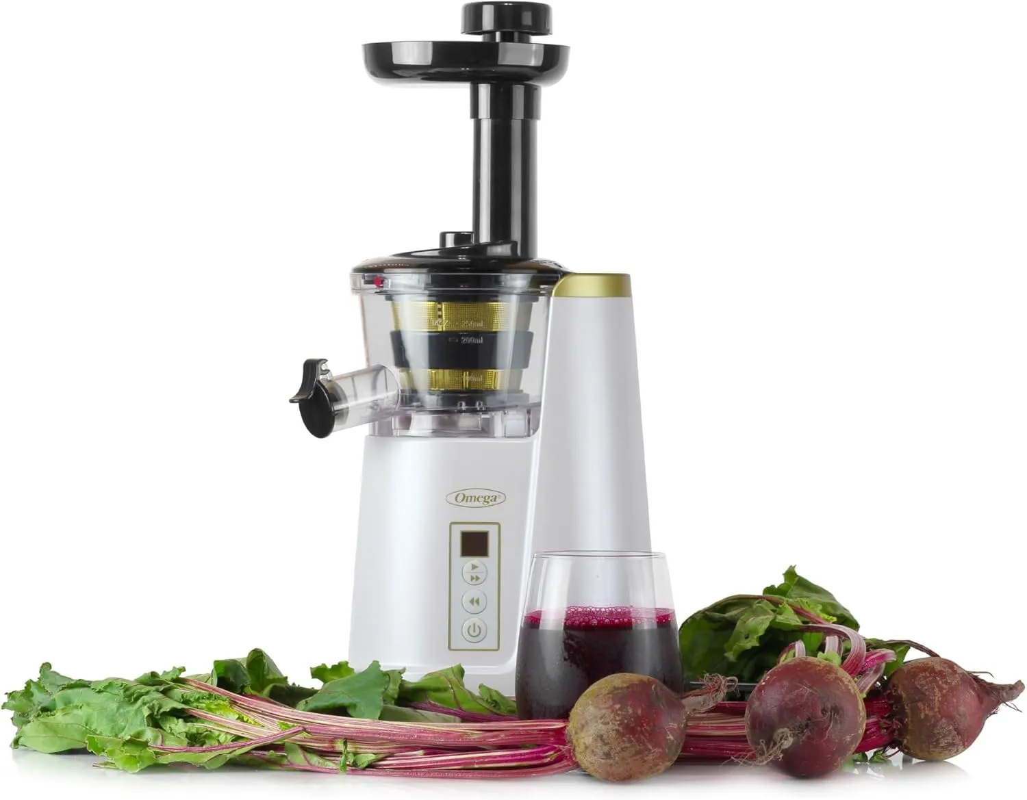 Omega Juicer Cold Press 365 Vertical 65 RPM Slow Masticating Compact Extractor for Fruits and Vegetables with 3 Stage Auger & BPA-Free Container, 150-Watts, White