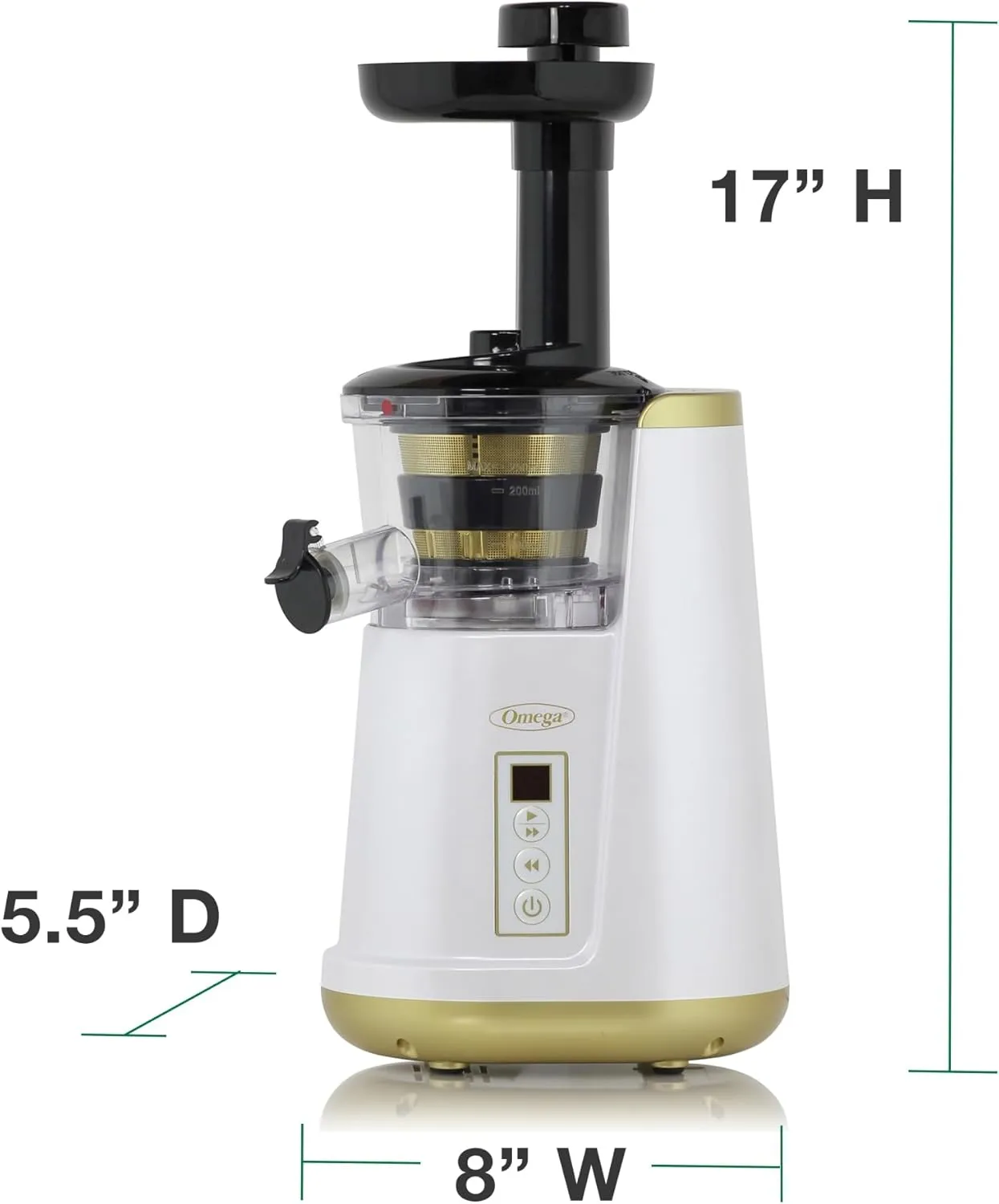 Omega Juicer Cold Press 365 Vertical 65 RPM Slow Masticating Compact Extractor for Fruits and Vegetables with 3 Stage Auger & BPA-Free Container, 150-Watts, White