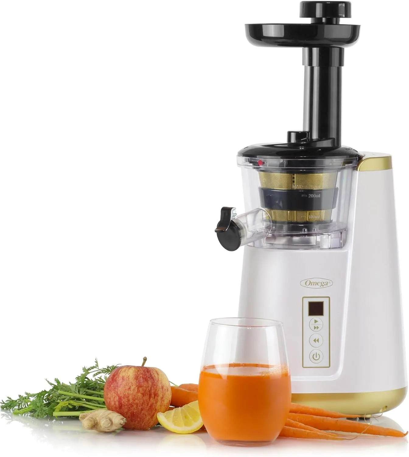 Omega Juicer Cold Press 365 Vertical 65 RPM Slow Masticating Compact Extractor for Fruits and Vegetables with 3 Stage Auger & BPA-Free Container, 150-Watts, White