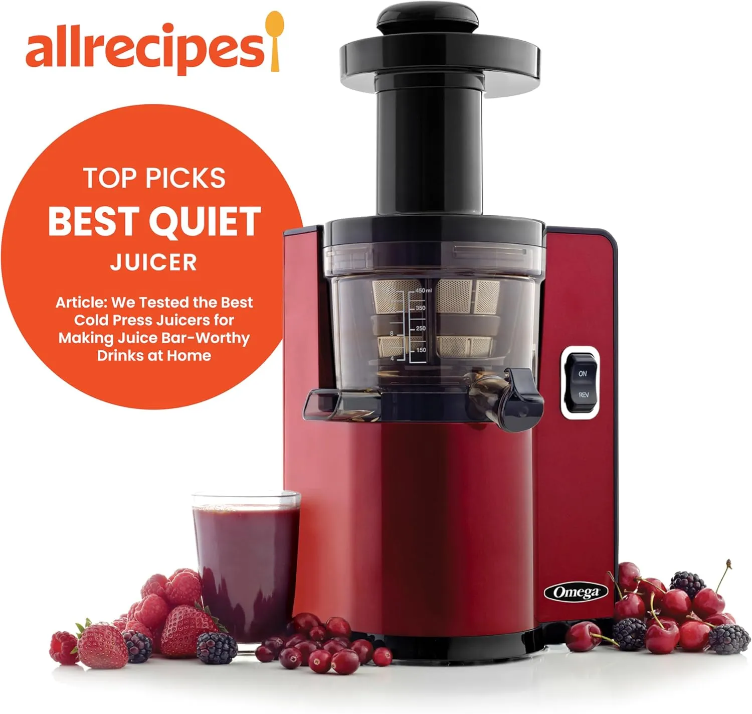 Omega Juicer Cold Press Vertical 43 RPM Slow Masticating Compact Juice Extractor for Fruits and Vegetables Quiet Operation with 3 Stage Auger Automatic Pulp Ejection and No-Drip Tap, 150-Watts, Red