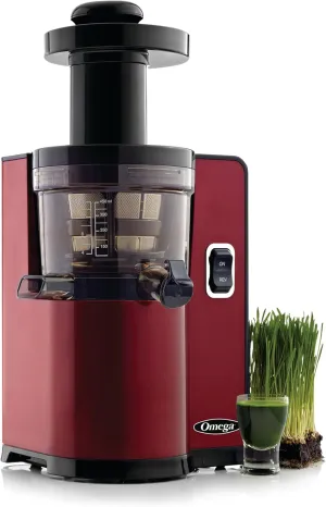 Omega Juicer Cold Press Vertical 43 RPM Slow Masticating Compact Juice Extractor for Fruits and Vegetables Quiet Operation with 3 Stage Auger Automatic Pulp Ejection and No-Drip Tap, 150-Watts, Red