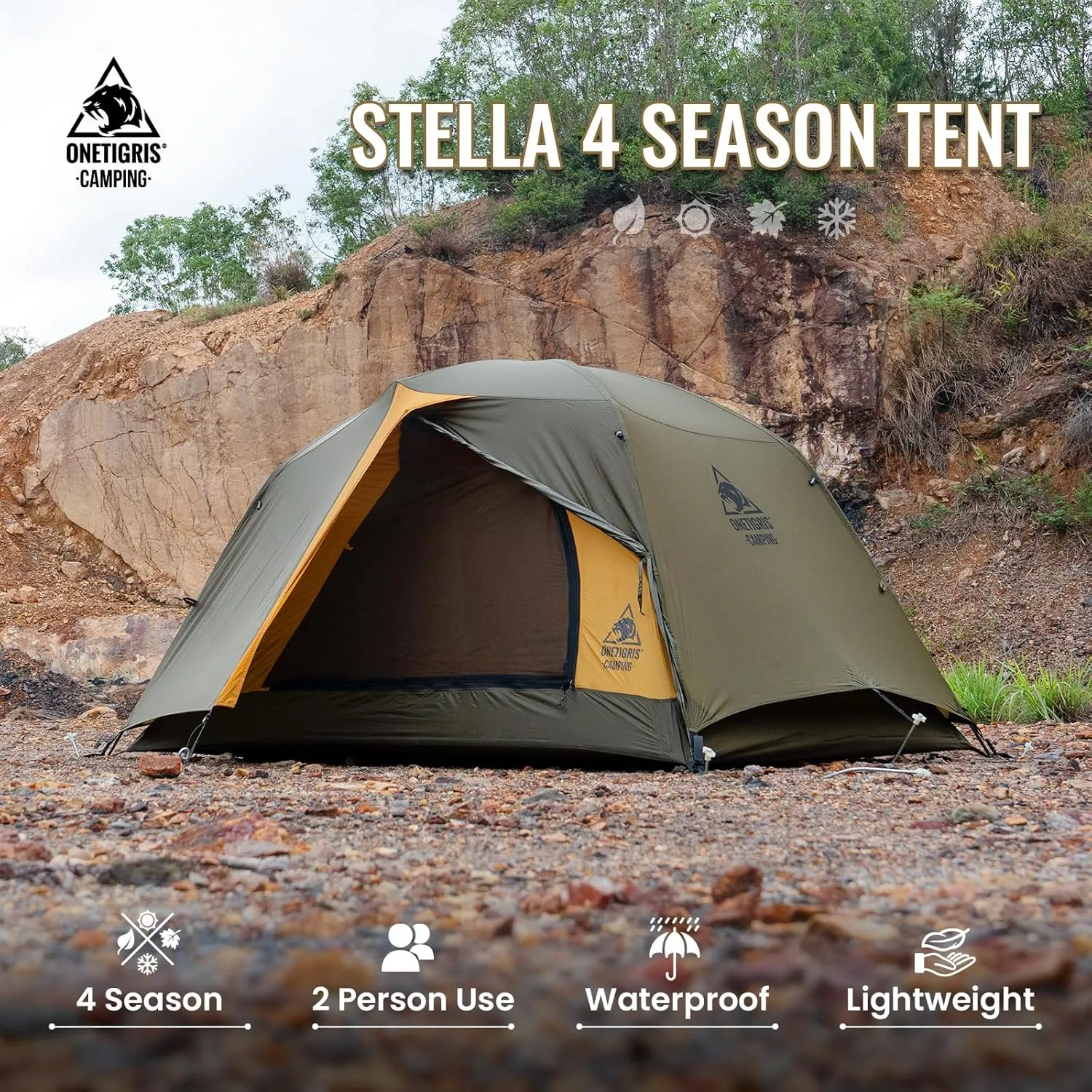 OneTigris Stella 4 Season Camping Tent Backpacking 2 Person Waterproof Lightweight Easy Setup Instant 3000mm Waterproof Rating Outdoor Hiking Tent