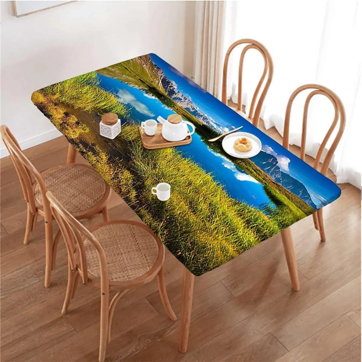 OOzie Blue Green Fitted Table Cover for Square Tables A Peaking Through The of The Morning Sunrise Tablecloth Great for Indoor and Outdoor Dining and Playing Cards Forest Fits up 4 Foot Tables