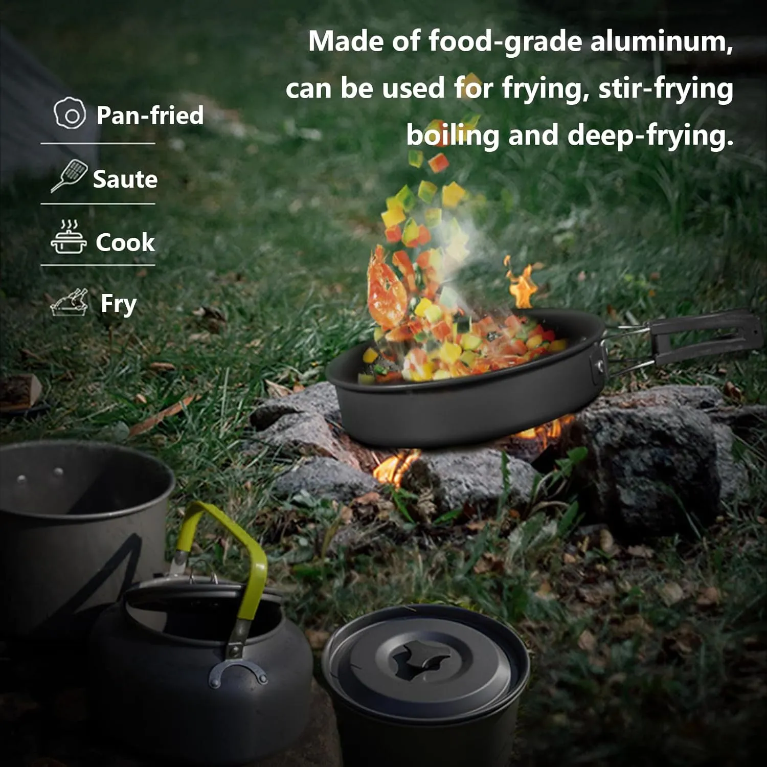 Outdoor Camping Cookware Mess Kit All in One Non-Stick Lightweight Backpacking Cooking Set with 2 Stainless Steel Cup Hiking Picnic Outdoor & Camping Pots and Pans Set with Kettle
