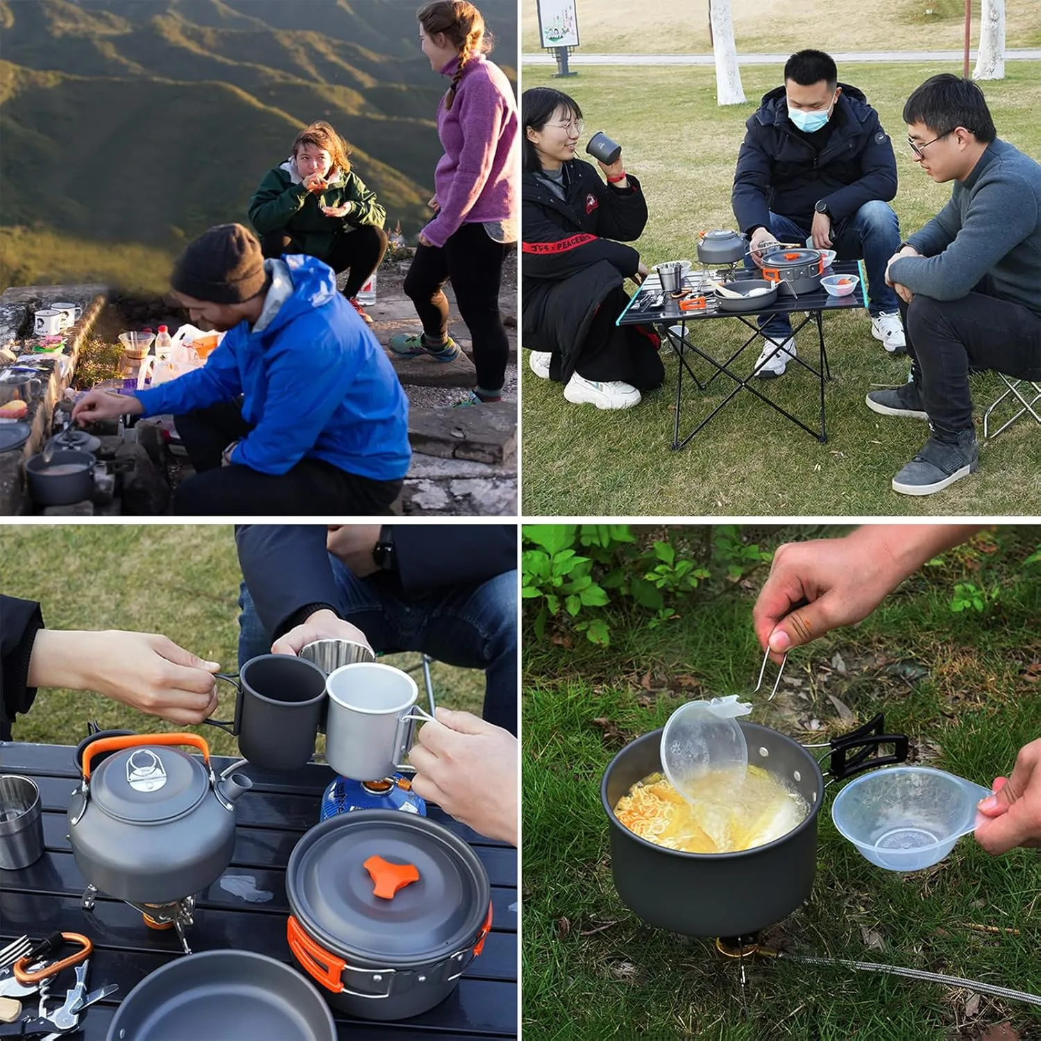 Outdoor Camping Cookware Mess Kit All in One Non-Stick Lightweight Backpacking Cooking Set with 2 Stainless Steel Cup Hiking Picnic Outdoor & Camping Pots and Pans Set with Kettle