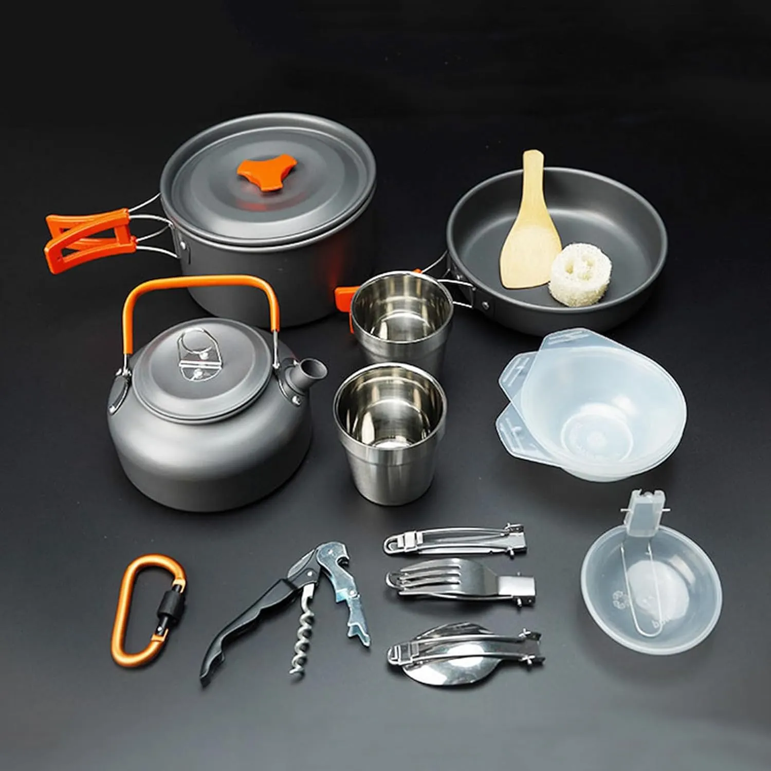 Outdoor Camping Cookware Mess Kit All in One Non-Stick Lightweight Backpacking Cooking Set with 2 Stainless Steel Cup Hiking Picnic Outdoor & Camping Pots and Pans Set with Kettle