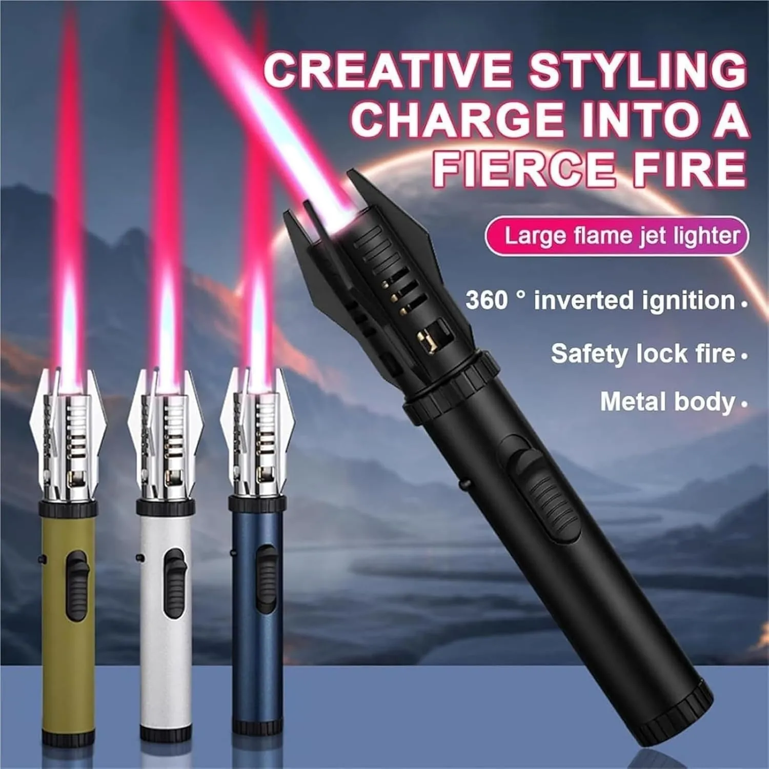 Outdoor Camping Windproof Direct fire Lighter, Direct fire Lighter with Safety Lock, Adjustable, Rechargeable Butane, Suitable for Candles, Campfires, Barbecue, Camping, Gifts(D)