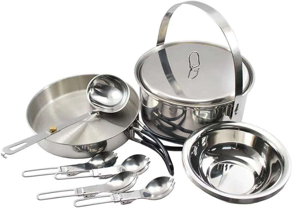 Outdoor cookware, Camping Cookware Mess Kit for 4 Persons Stainless Steel Cooking Set with Pot Pan Soup Spoon Bowls Folding Sporks Outdoor Cooking Equipment for Family Camping Hiking Picnic