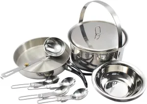 Outdoor cookware, Camping Cookware Mess Kit for 4 Persons Stainless Steel Cooking Set with Pot Pan Soup Spoon Bowls Folding Sporks Outdoor Cooking Equipment for Family Camping Hiking Picnic