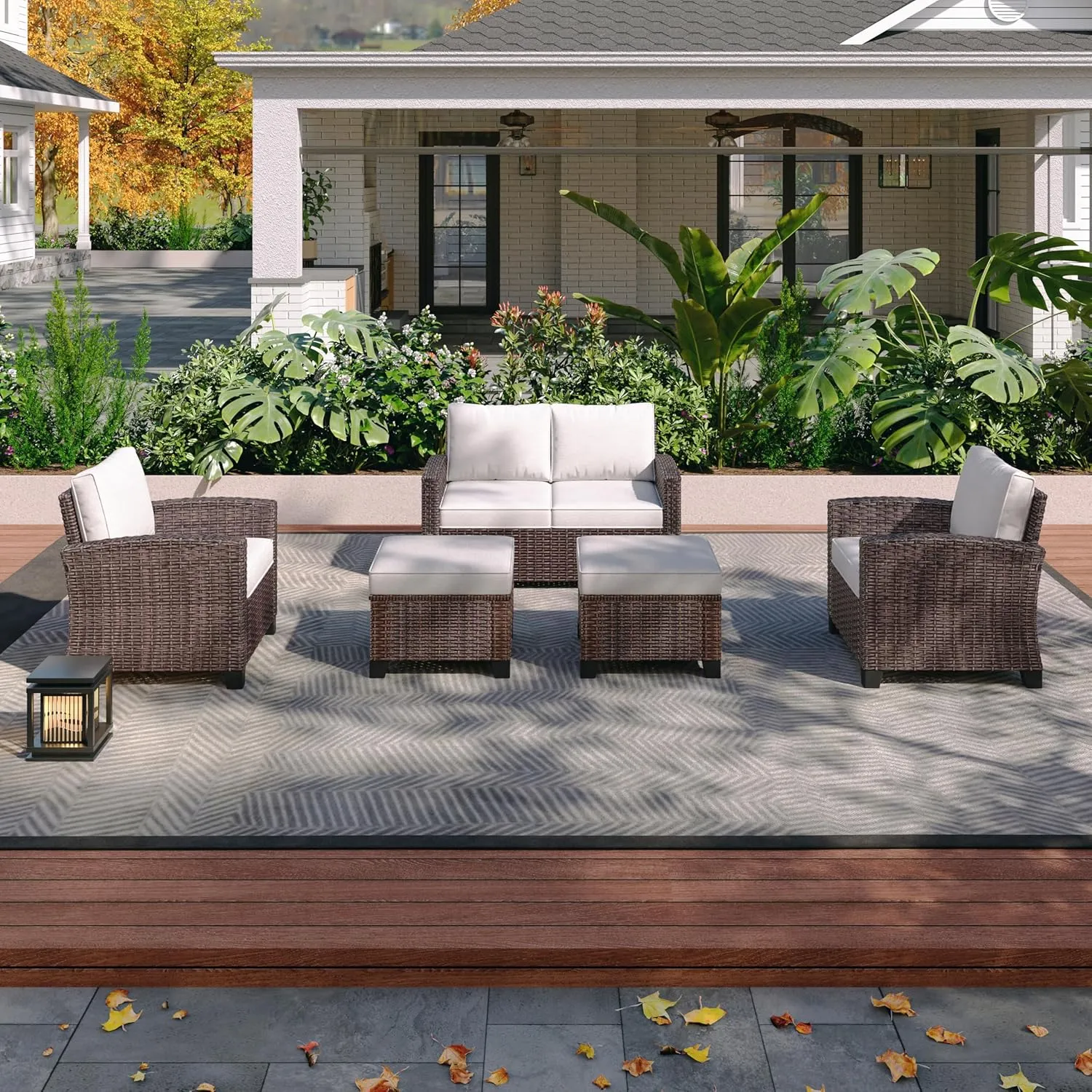 Outdoor Sectional Conversation Sofa，Wicker Patio Furniture Set with Ottomans and Comfy Cushions, All Weather High Back Conversation Set for Backyard Lawn Deck Garden