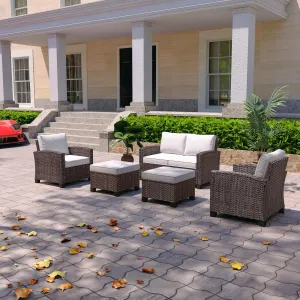 Outdoor Sectional Conversation Sofa，Wicker Patio Furniture Set with Ottomans and Comfy Cushions, All Weather High Back Conversation Set for Backyard Lawn Deck Garden