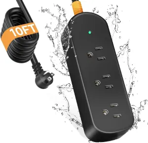 Outdoor Surge Protector Waterproof Power Strip Weatherproof 10 FT Extension Cord Power Strip, 3 AC Outlets, Shockproof, 1625W Overload Protection, for Camping, Home, Office, Garden, FCC UL Listed