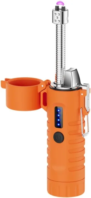 Outdoor Waterproof Arc Lighter Telescopic Double Arc Plasma Lighter with LED Bright Flashlight USB Rechargeable Flameless Lighter Windproof Lighter for Camping Hiking (Orange)