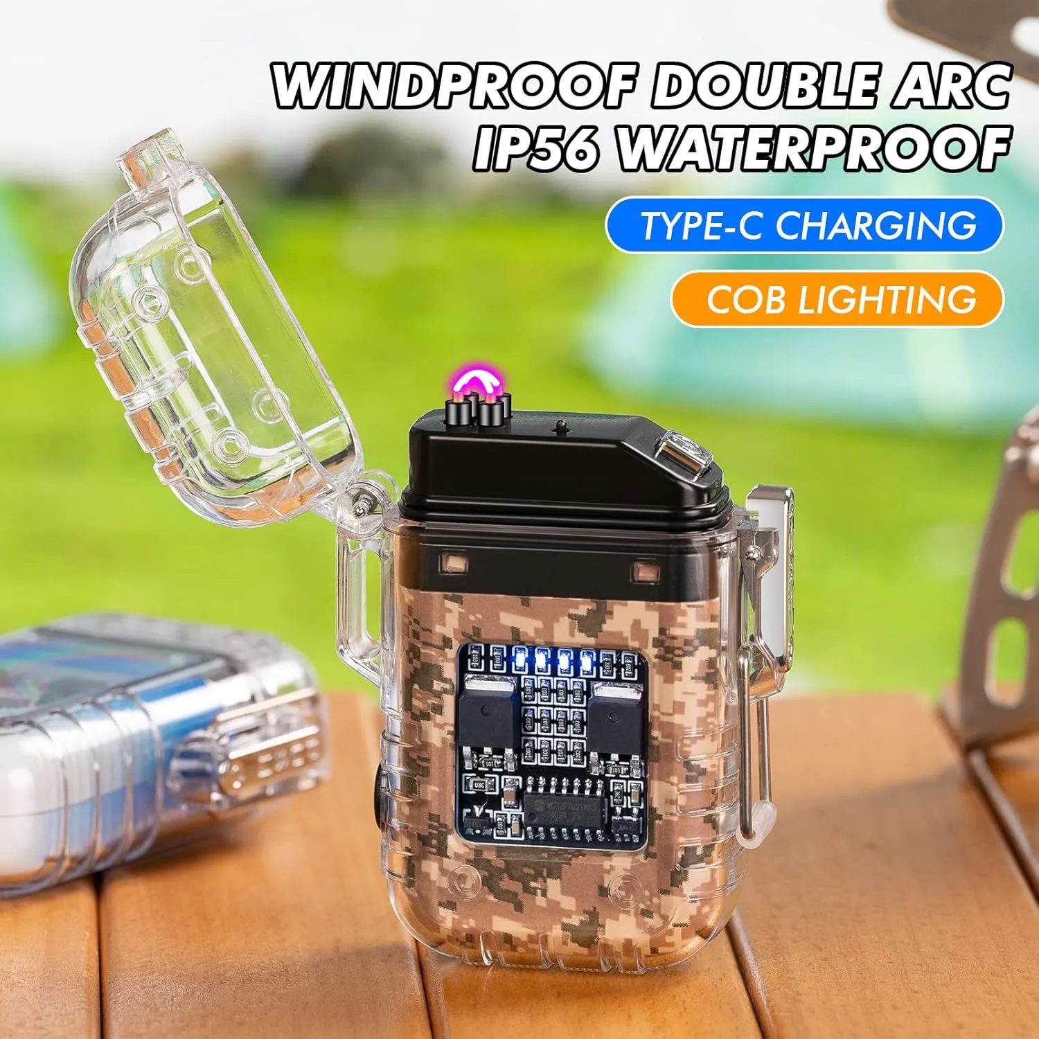 Outdoor Windproof Lighter Dual Arc Electric Lighters with Flashlight USB Rechargeable-Flameless-Plasma Cool Lighters for Camping,Adventure,Survival Tactical Gear (Black & White)
