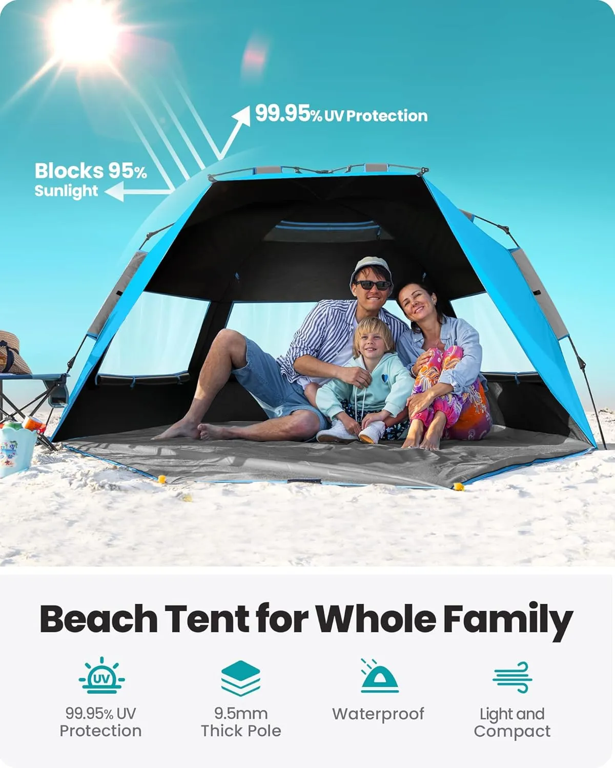 OutdoorMaster Beach Tent with Blackout Shelter Technology, Portable Beach Shade Sun Shelter Canopy for 4-6 Person with UPF 50  UV Protection, Easy Setup Pop Up Tent Family Size